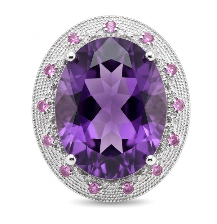 Purple Symphony 15.5 carat natural Amethyst rhodium over .925 Sterling Silver Handcrafted Ring size 8 adjustable - Close-up of Purple Symphony amethyst ring with pink stone accents