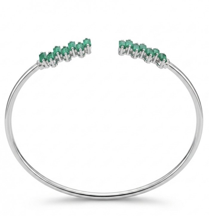 Art Deco 8.2 carat genuine Ruby .925 Sterling Silver handmade Statement Bracelet - Silver bangle with emerald stones, top view, open design