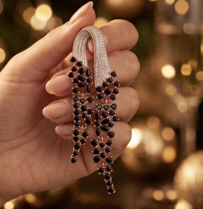 Genuine 3.5 carat Sapphire 18K Rose Gold over .925 Sterling Silver dipped in rhodium handmade Pendant - Close-up of black sapphire earrings in hand, rose gold and gem details.