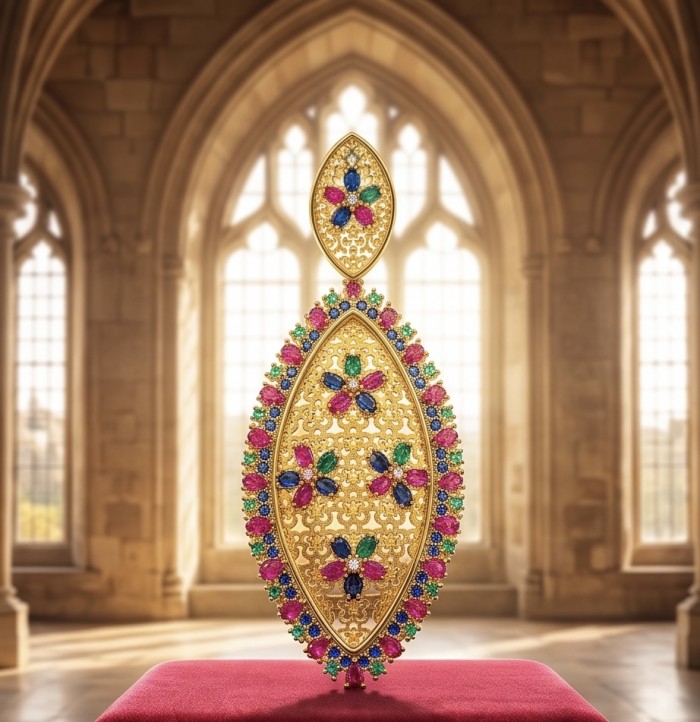 Byzantine Style Ruby Emerald Sapphire 14K Gold over .925 Sterling Silver handcrafted pendant - Front view of Byzantine-style gold jewelry with colorful gemstones.