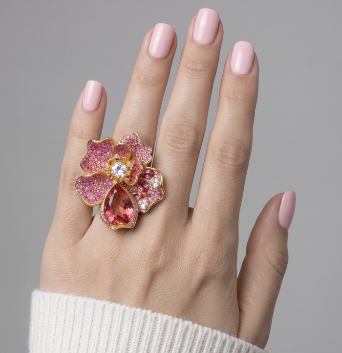 Cherry Blossom 37.5 carat Pink Topaz 14K Gold over .925 Silver handcrafted Cocktail Ring s. 8 - Cherry Blossom pink topaz ring worn on hand, front view.