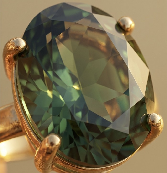 Exotic Beauty oval cut 17.5 carat Helenite .925 Sterling Silver dipped in Real 14k Gold handmade Ring s. 9 1/2 - Close-up of Exotic Beauty oval cut 17.5 carat Helenite in gold setting