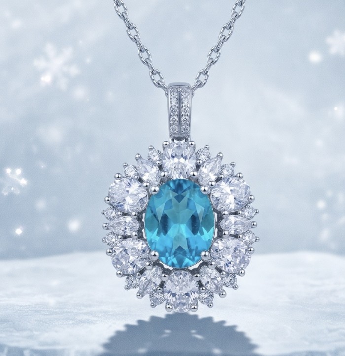 Wonderland 6.2 carat fancy oval cut Paraiba Tourmaline .925 Sterling Silver Handcrafted Statement necklace - Close-up of a Wonderland oval cut Paraiba Tourmaline pendant necklace
