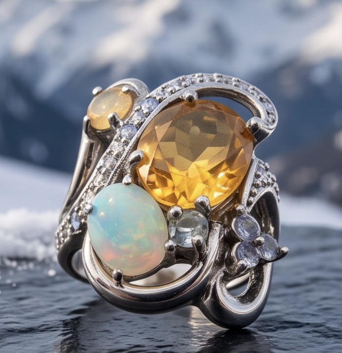 Giovanna 8.9 carat Brazilian Citrine 4.2 carat Australian Fire Opal .925 Sterling Silver dipped in rhodium handcrafted ring; s. 8 - Close-up of Giovanna ring with citrine and opal stones.