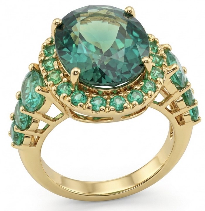 Elizabeth oval cut 12.8 carat top quality Colombian Emerald .925 Sterling Silver dipped in 22K Gold handcrafted Ring size 6 - Close-up of Elizabeth 12.8 carat Colombian Emerald ring, side view
