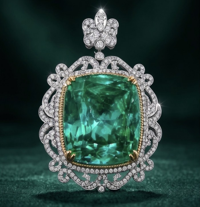 Brazilian's Briliance - emerald cut 33.7 carat Paraiba Tourmaline 2 tones .925 Sterling Silver handcrafted necklace - Close-up of ornate pendant with 33.7-carat Paraiba Tourmaline gem