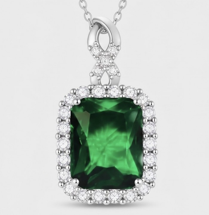Precious 12.2 carat natural Colombian Emerald rhodium over .925 Sterling Silver .925 Sterling Silver Statement Necklace - Emerald pendant close-up with diamond halo and chain detail.