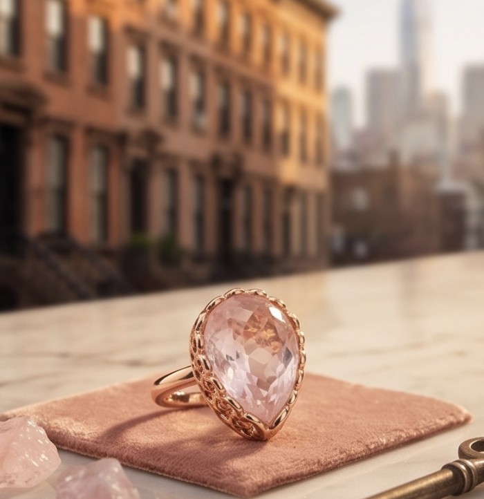 Top quality 22.2 carat Brazilian Rose Quartz .925 Sterling Silver dipped in 18K Rose Gold Handcrafted Ring size 8 - Close-up of 22.2 carat Brazilian Rose Quartz ring on rosy fabric.