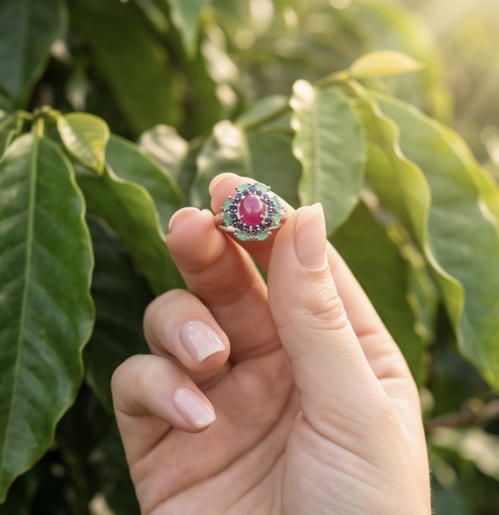 Scarlett 7.7 ctw Mozambique Ruby .925 Sterling Silver handcrafted Statement Ring size 8 - Ruby ring close-up held between fingers with foliage background.