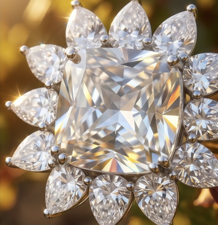 Fiorella Precious 25.5 carat princess cut Natural yellow Sapphire .925 Sterling Silver Statement Large ring size 6 - Close-up of Fiorella 25.5 carat princess cut diamond surrounded by petals.