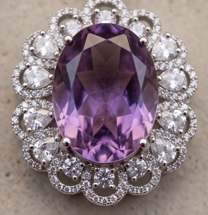 Mademoiselle - 26.5 carat natural Amethyst .925 Sterling Silver dipped in rhodium handcrafted Pendant - Amethyst close-up with silver and diamond accents.