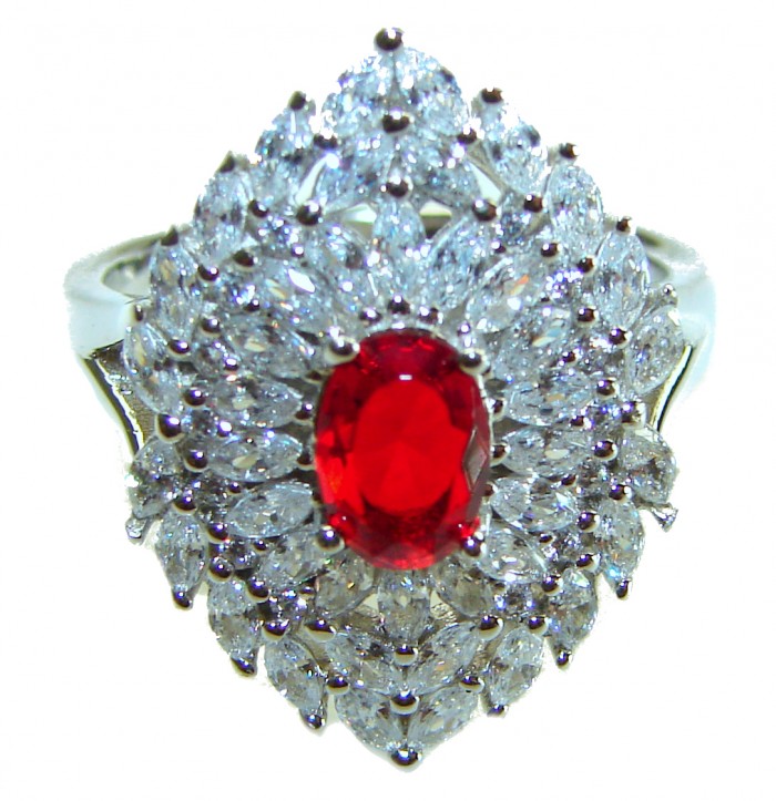 Precious Red Flower 6.5 carat Ruby .925 Sterling Silver handcrafted Cocktail Ring s. 8 - Close-up of Precious Red Flower ruby ring on white background