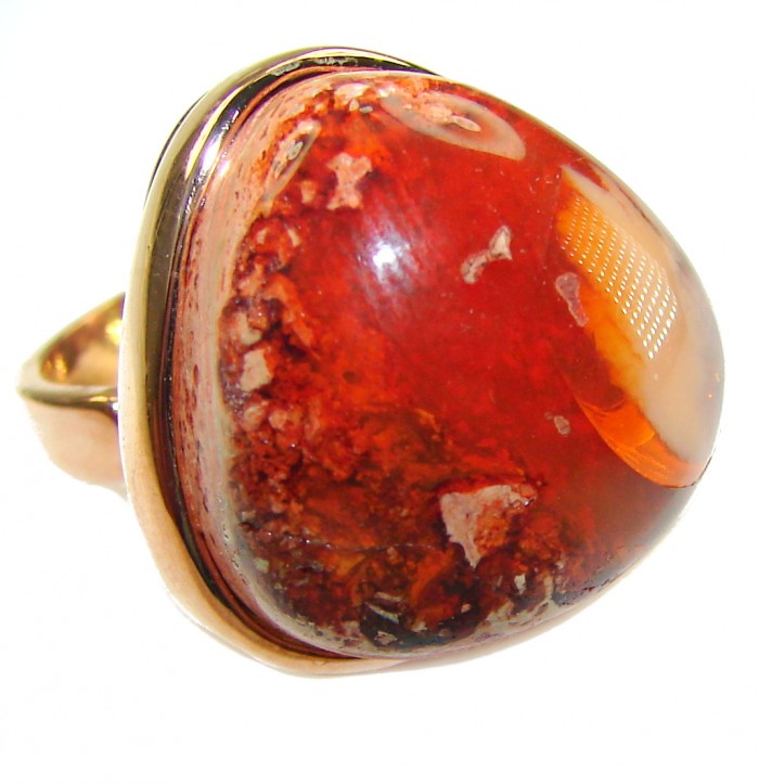 Inner Fire 25.5 carat Authentic Mexican Opal 14K Rose Gold over .925 Sterling Silver handcrafted ring size 8 adjustable - Stone close-up of Mexican Opal ring in 14K Rose Gold.