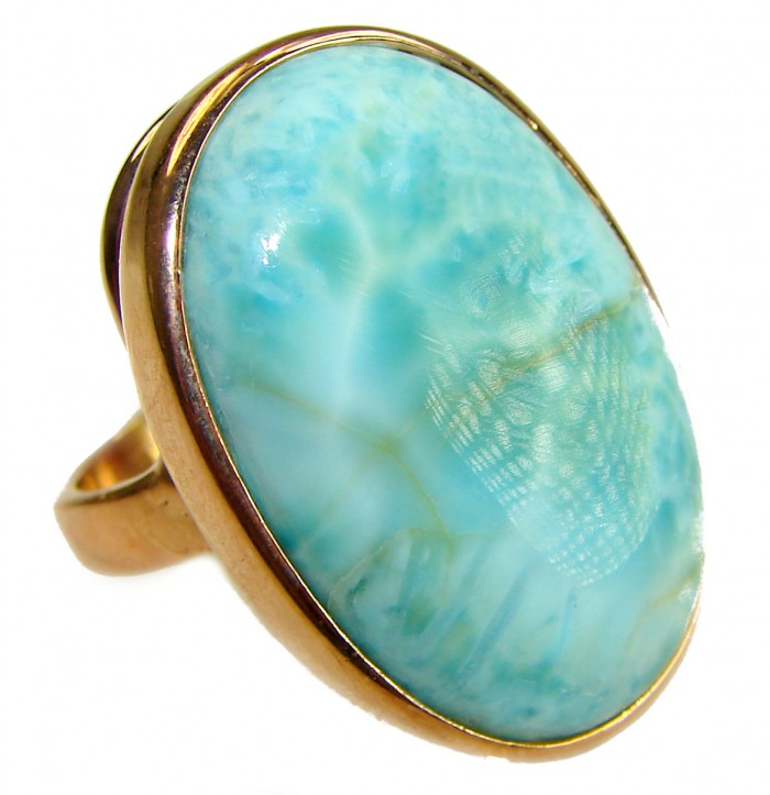 Blue Perfection - Blue Larimar 18K Gold over .925 Sterling Silver handmade Large ring size 7 adjustable - Close-up of Blue Larimar stone in 18K gold over .925 sterling silver ring