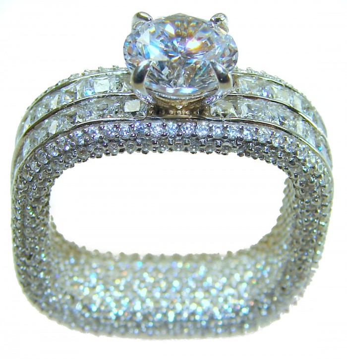 Large and Solid Luxurious 14.2 carat White Topaz .925 Sterling Silver handcrafted Ring s. 8 - Side view of luxurious white topaz ring with sterling silver setting.