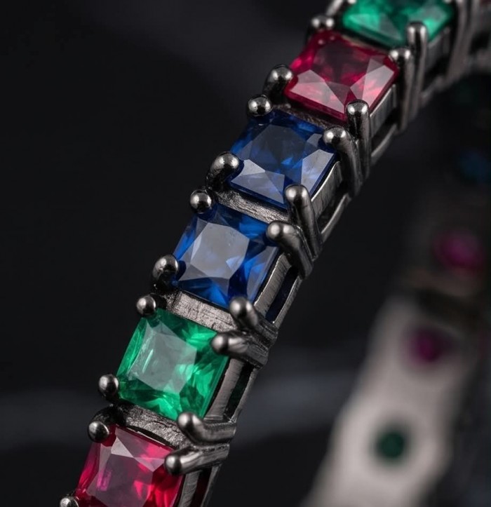 Extravaganza authentic 18.5 carat Pink Tourmaline black rhodium over .925 Sterling Silver Handcrafted Large Hoop Earrings - Close-up of colorful square gemstones on a jewelry piece.