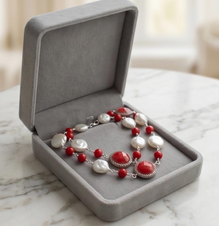 Sublime 32 inches long Red Fossilized Coral .925 Sterling Silver handmade Necklace - Necklace in box, top view, red coral and pearl design.