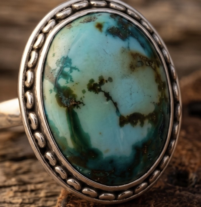 Beautiful Journey - Rare authentic Turquoise .925 Sterling Silver handcrafted Large ring; s. 7 1/2 - Close-up of turquoise stone in .925 sterling silver setting