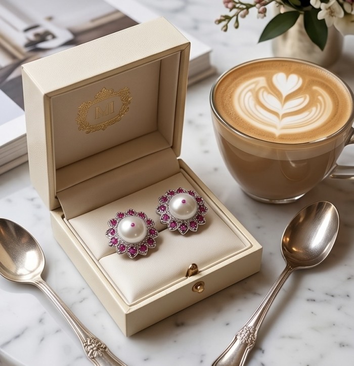 Classy Design - Genuine Pearl Ruby rhodium over .925 Sterling Silver handcrafted Statement Large Earrings - Pearl and ruby earrings in box next to cappuccino on marble table.