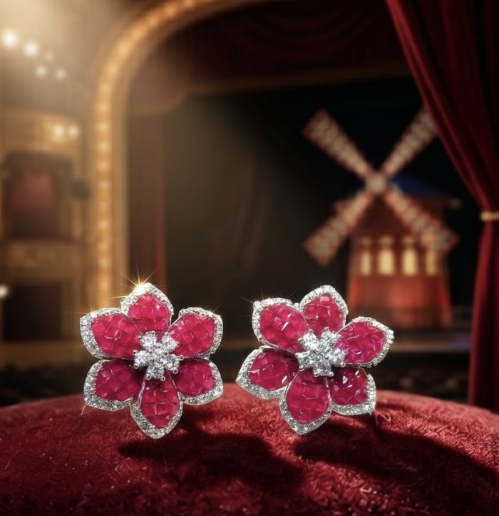 Born to Glam - floral design- authentic 10.2 carat Ruby .925 Sterling Silver handcrafted earrings - Floral Ruby earrings spotlighted on velvet backdrop, front view.