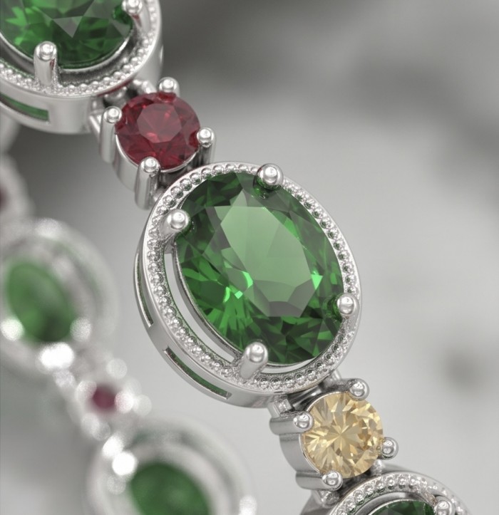 Authentic 17.9 carat Chrome Diopside .925 Sterling Silver handcrafted Bracelet - Close-up of green chrome diopside stones in sterling silver setting