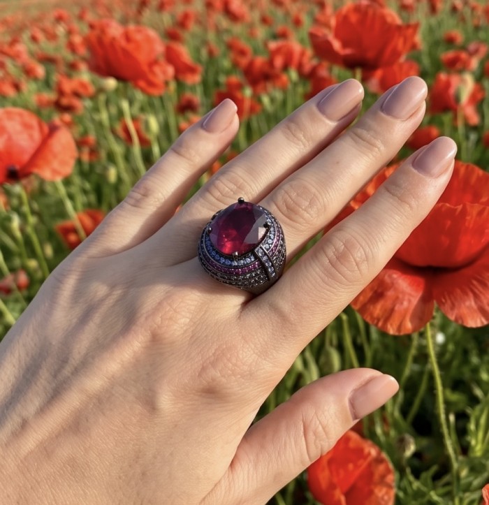 Bella Rosa Genuine 12.5 CARAT Ruby black rhodium over .925 Sterling Silver Statement Ring size 7 - Bella Rosa 12.5 CT ruby ring on hand, poppy field background.