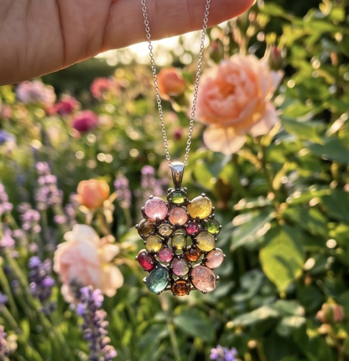 Victoria 25.5 carat Brazilian Watermalon Tourmaline black rhodium over .925 Sterling Silver handmade Pendant - Colorful tourmaline pendant held in hand, garden background.
