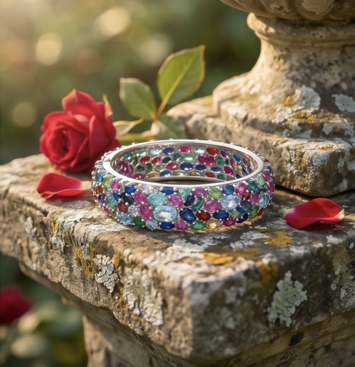 Tiffany - Authentic 62.2 carat Swiss Blue Topaz .925 Sterling Silver handcrafted Statement bangle Bracelet - Colorful gemstone bracelet on stone pedestal with roses nearby.