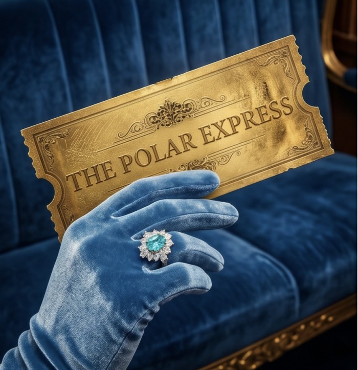 Wonderland 9.5 carat Brazilian Paraiba Tourmaline .925 Sterling Silver Handcrafted Ring size 7 1/4 - Gloved hand with ring holding The Polar Express ticket.