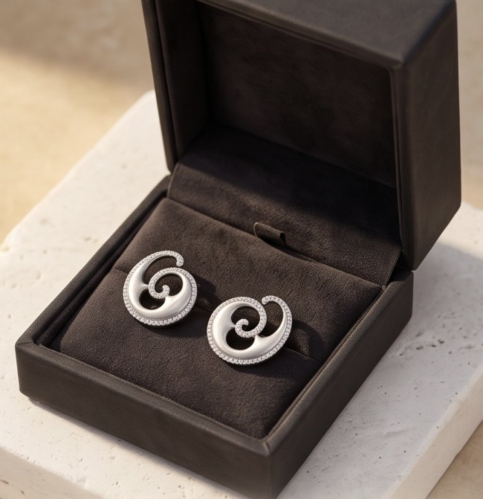 Waves 0.6 carat authentic White Topaz .925 Sterling Silver Handcrafted Earrings - Earrings in box, angled view showcasing curves and topaz detail.