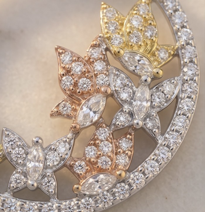 Black Label Collection - Floral design - Natural White Topaz 22K Gold over .925 Sterling Silver handmade 3 tones earrings - Close-up of floral jewelry with natural white topaz stones.
