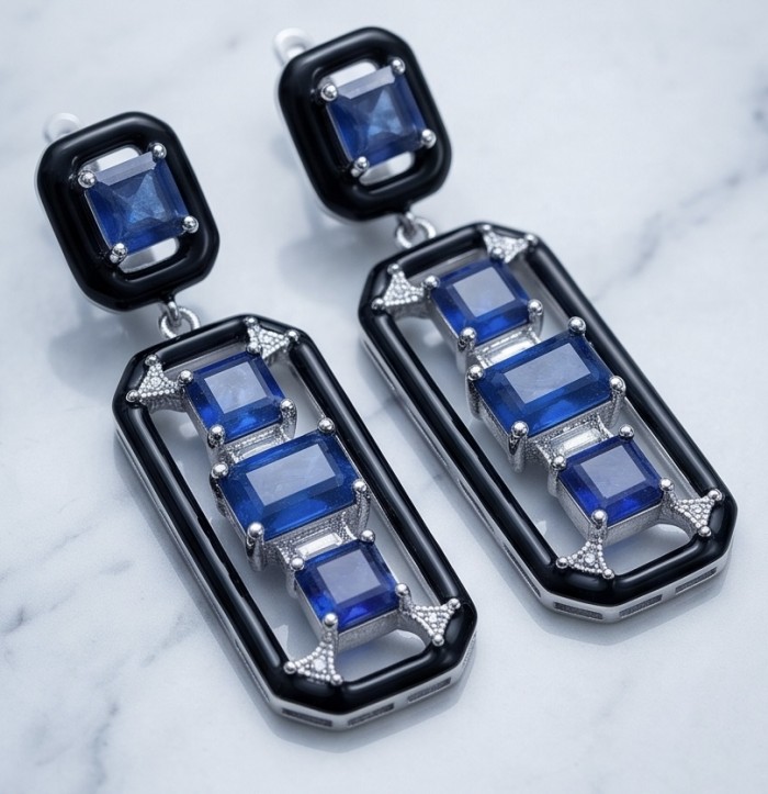 Art Deco 11.5 carat Sapphire black enamel .925 Sterling Silver handcrafted earrings - Close-up of Art Deco sapphire earrings with black enamel and sterling silver