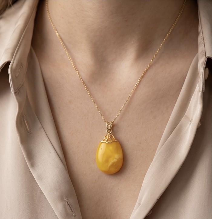 Prehistoric Authentic Baltic Amber REAL 14k Gold beautifully handcrafted Pendant - Necklace with yellow amber pendant in 14k gold, worn on neck.