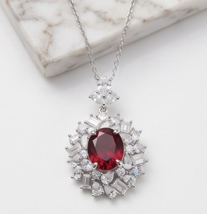 Luxurious 9.9 carat natural Mozambique Ruby .925 Sterling Silver .925 Sterling Silver Statement Necklace - Close-up of a luxurious 9.9 carat natural Mozambique Ruby necklace