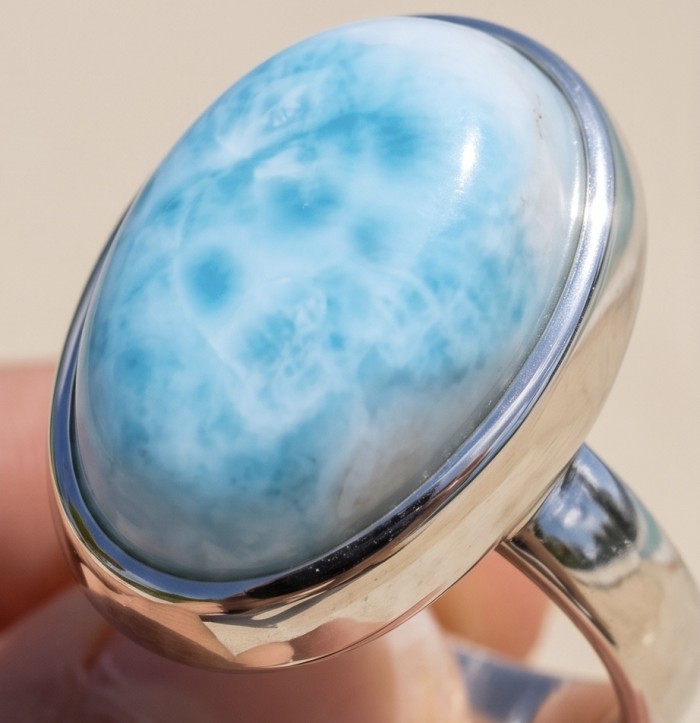 Blue Perfection 22.9 carat natural Larimar .925 Sterling Silver handmade Large ring size 7 adjustable - Stone close-up of 22.9 carat Larimar in .925 Sterling Silver ring