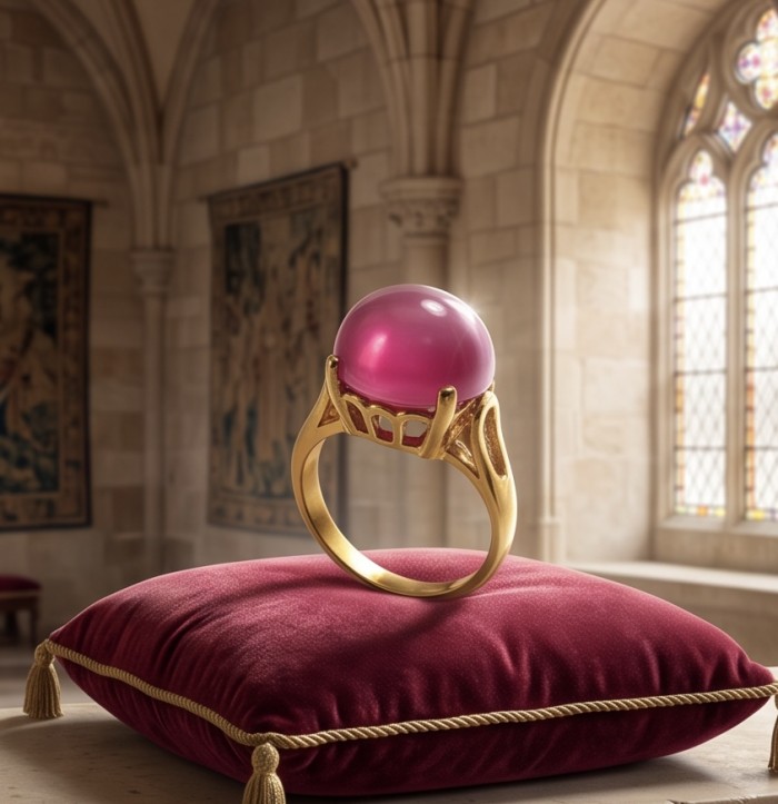 Giovanna 9.7 carat Kashmir Ruby .925 Sterling Silver dipped in 22K Gold handmade Statement Ring size 6 1/4 - Gold ring with large pink stone on display pillow in ornate room.