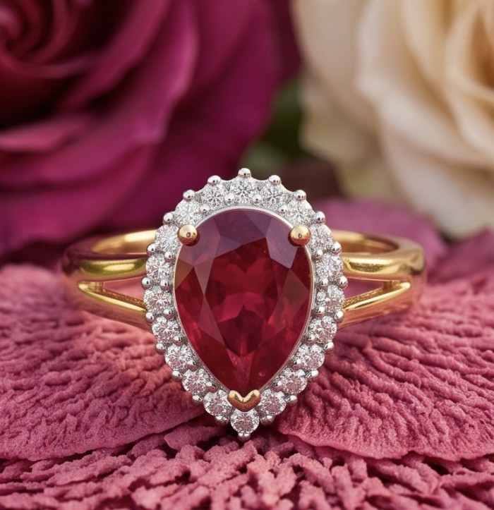 Scarlett - great quality! 12.4 ctw Mozambique Ruby .925 Sterling Silver dippedin 22K Gold handcrafted Statement Ring size 6 - Close-up of 12.4 ctw Mozambique Ruby ring against floral background.