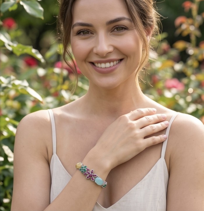 Isabella - Beauty of Nature natural 85.5 carat Ruby Green Tourmaline Rhodium over .925 Sterling Silver handmade Statement bracelet - Woman wearing Isabella bracelet in garden, front view.