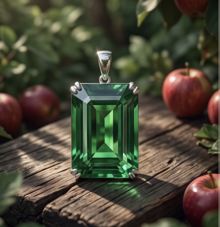 Superior quality baquette cut 35.2 carat Fresh Green Helenite .925 Sterling Silver Pendant - Close-up of superior quality 35.2 carat baguette cut green Heleni pendant.