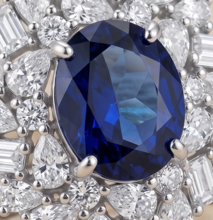 Authentic 5.5 carat Kyanite Moissanite .925 Sterling Silver handcrafted Ring size 5 1/4 - Close-up of 5.5 carat Kyanite and Moissanite in sterling silver setting.