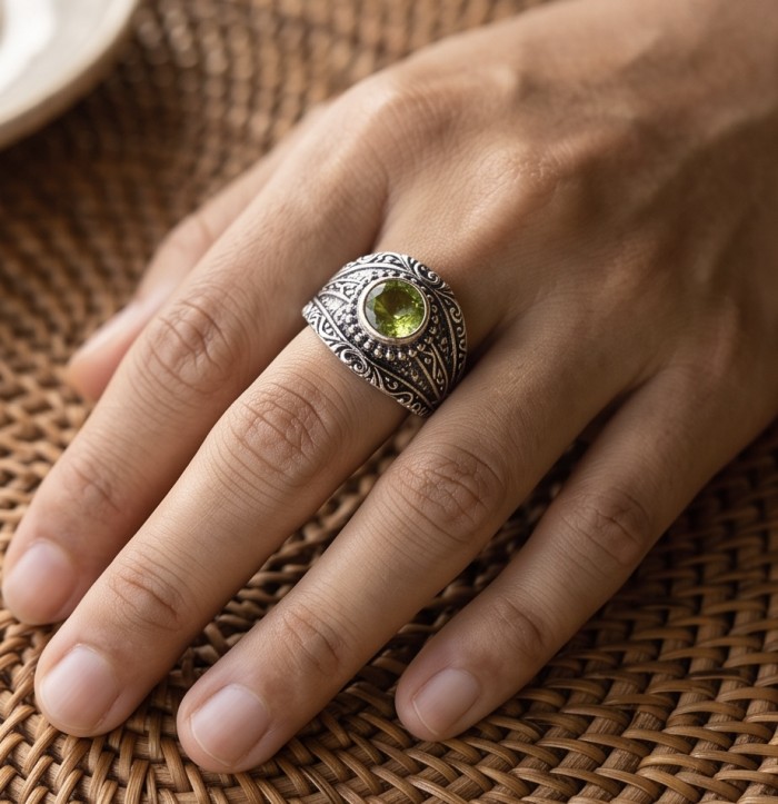 Garden 3.9 carat authentic Himalayan Peridot .925 Sterling Silver Handcrafted Statement Ring size 8 - Himalayan Peridot ring in sterling silver worn on hand, top view.