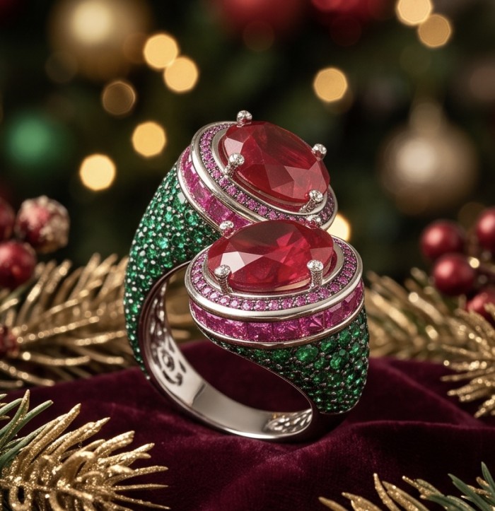 Giovanna Natural 8.6 carat Ruby pave Emerald .925 Sterling Silver dipped rhodium handmade Statement Ring size 7 1/2 - Close-up of ruby and emerald ring on festive background