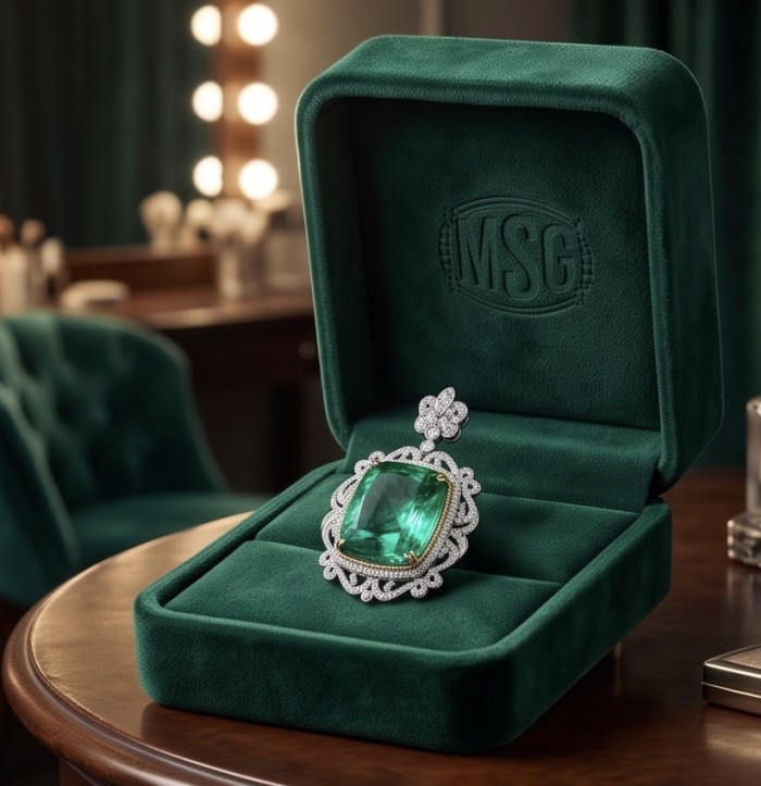 Brazilian's Briliance - emerald cut 33.7 carat Paraiba Tourmaline 2 tones .925 Sterling Silver handcrafted necklace - Emerald cut 33.7 carat Paraiba Tour in box, front view angle.
