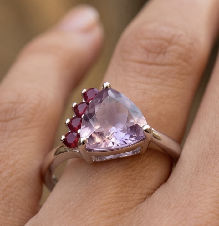 4.9 carat Amethyst rhodium over .925 Sterling Silver HUGE Ring s. 7 - Amethyst ring close-up, worn on hand, with garnet accents.