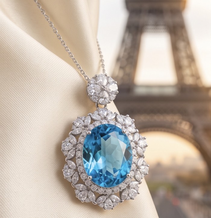 Tiffany Incredible oval cut 20.4 carat Swiss Blue Topaz rhodium over .925 Sterling Silver handcrafted pendant - Oval Swiss Blue Topaz pendant close-up with Eiffel Tower backdrop