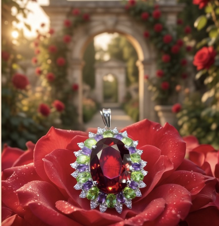 Giovanna 34.2 carat authentic Mozambique Ruby rhodium over .925 Sterling Silver handmade Pendant - Close-up of Mozambique ruby pendant on red rose in garden setting.