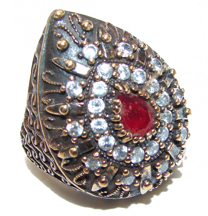Victorian Style created Ruby & White Topaz Copper over Sterling Silver ring; s. 6 1/4 - photo 1