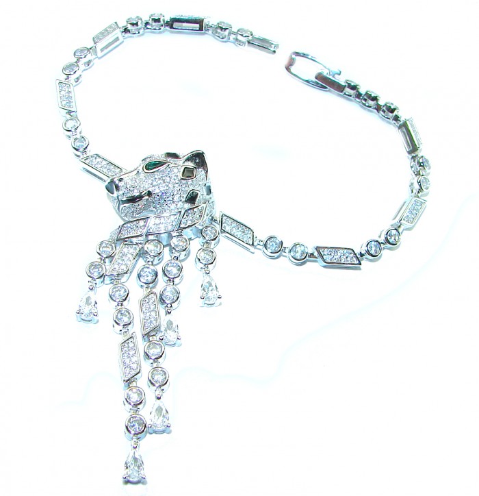 Panthère 4.5 carat Emerald black enamel .925 Sterling Silver handcrafted Bracelet - photo 4