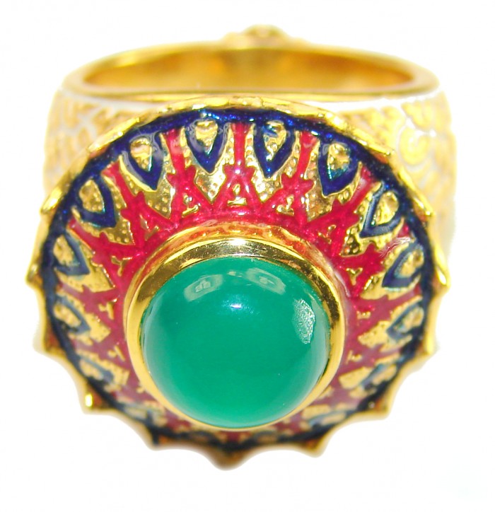 Purity Wisdom Prosperity 4.5 carat Jade Enamel 18K Gold over .925 Sterling Silver Huge handcrafted Ring s. 6 - photo 3