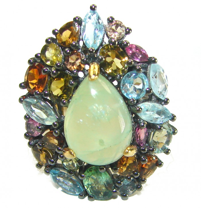 Royal quality genuine Prehnite Tourmaline 18K Gold over .925 Sterling Silver handcrafted .925 Sterling Silver handcrafted ring s. 6 1/4 - Front view of Prehnite Tourmaline ring, 18K Gold over .925 silver.